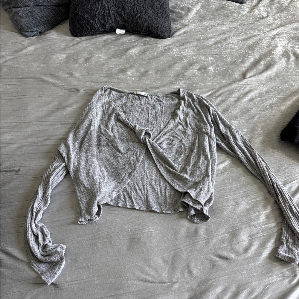 Sage Gray Long Sleeve Crop Wrap Blouse